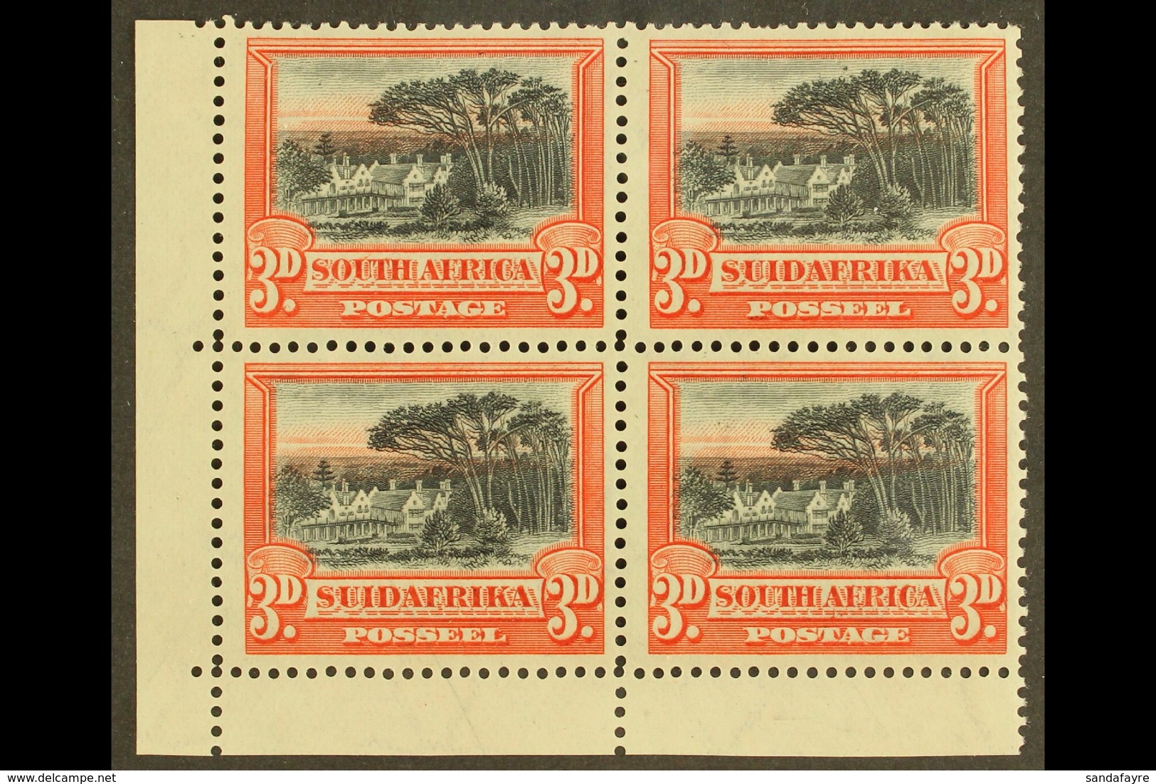 1927-30 3d Black & Red, Perf.14x13½ Down In Corner Marginal Block Of 4, SG 35a, Fine Mint, Hinged At Edges, One Blunt Pe - Non Classificati