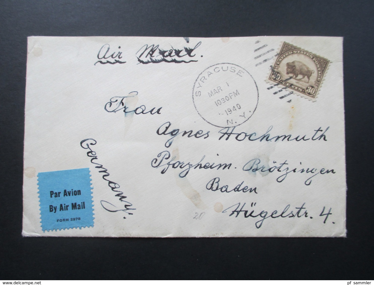 USA 1940 Nr. 281 EF Syracuse Luftpost / Air Mail Nach Pforzheim. Zensurbeleg. OKW Zensur - Cartas & Documentos