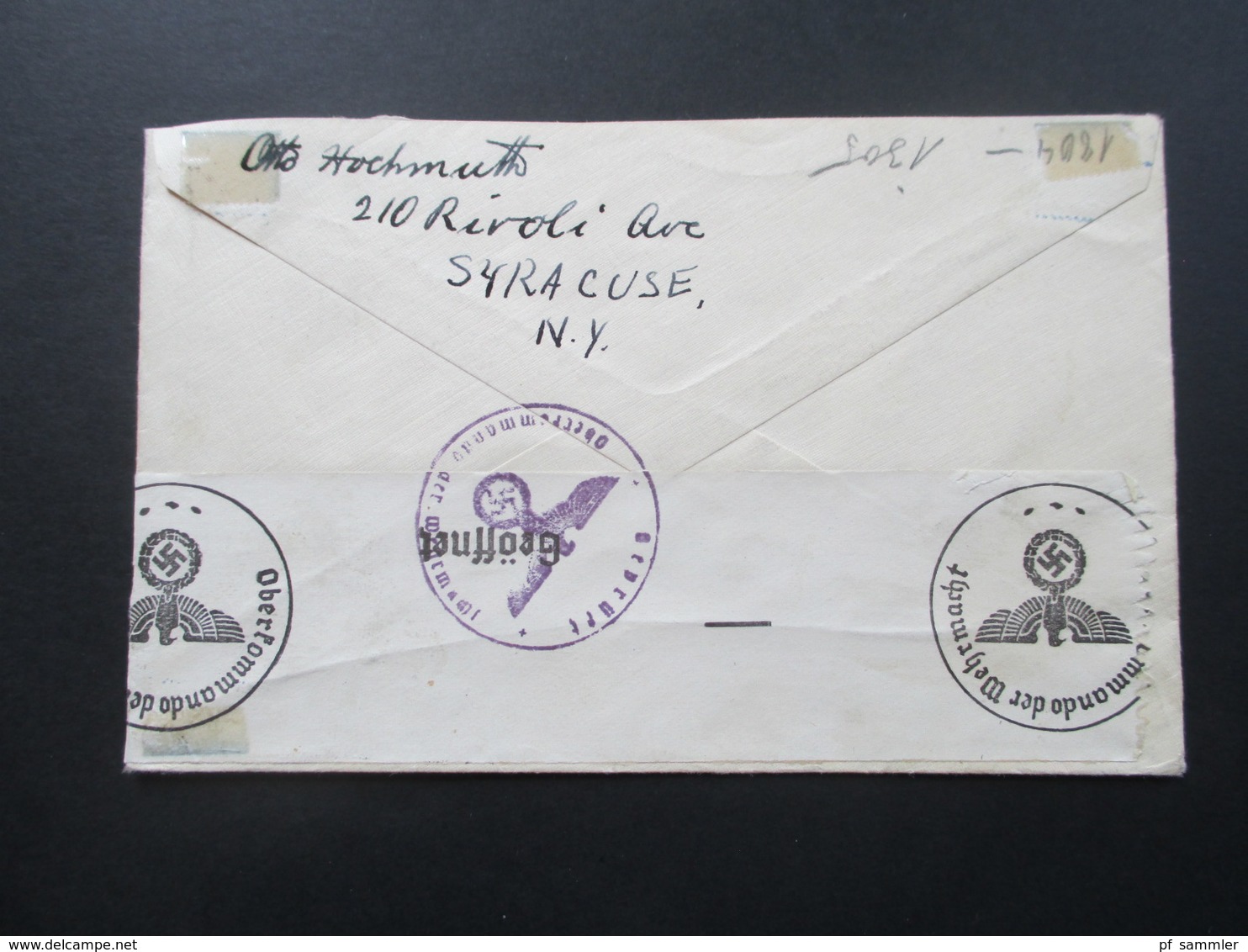 USA 1940 Nr. 281 EF Syracuse Luftpost / Air Mail Nach Pforzheim. Zensurbeleg. OKW Zensur - Covers & Documents