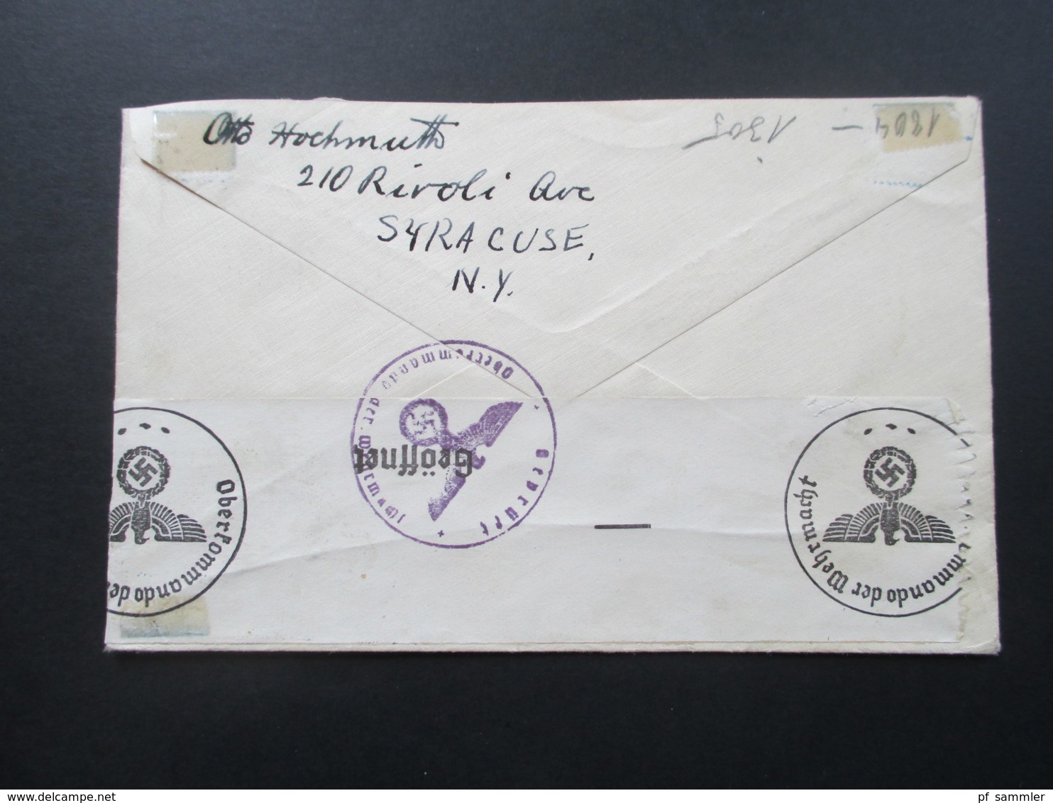 USA 1940 Nr. 281 EF Syracuse Luftpost / Air Mail Nach Pforzheim. Zensurbeleg. OKW Zensur - Cartas & Documentos