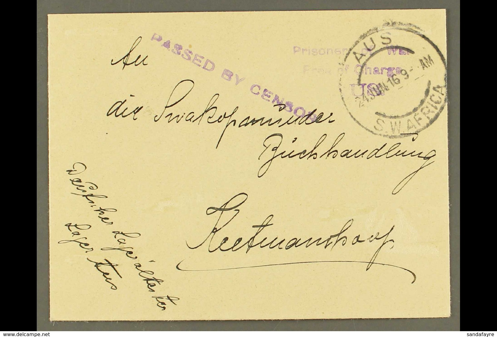 1916 (24 Jun) Stampless Env To Keetmanshoop With "Prisoner Of War / Free Of Charge / AUS" Three Line Violet Cachet And " - South West Africa (1923-1990)