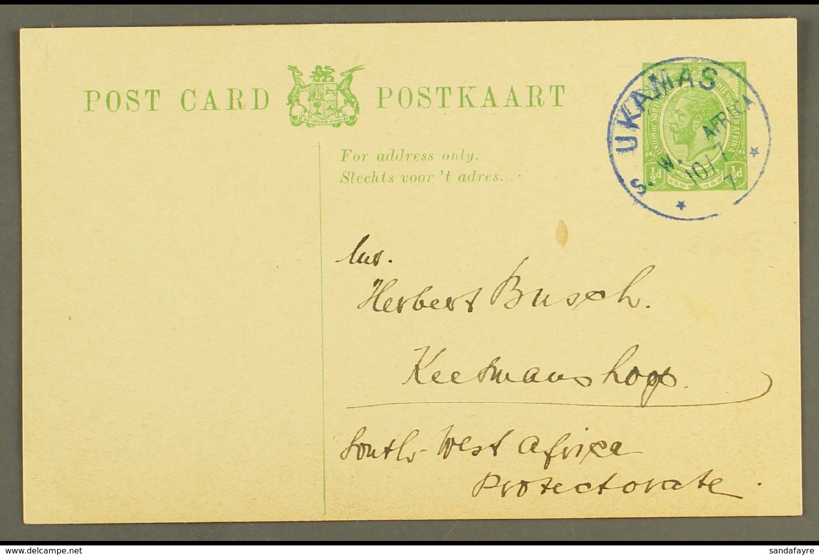 1917 (10 Jul) ½d Union Postal Card To Keetmanshoop Cancelled Very Fine "UKAMAS" Cds Postmark In Blue, Putzel Type B2 Oc, - Südwestafrika (1923-1990)