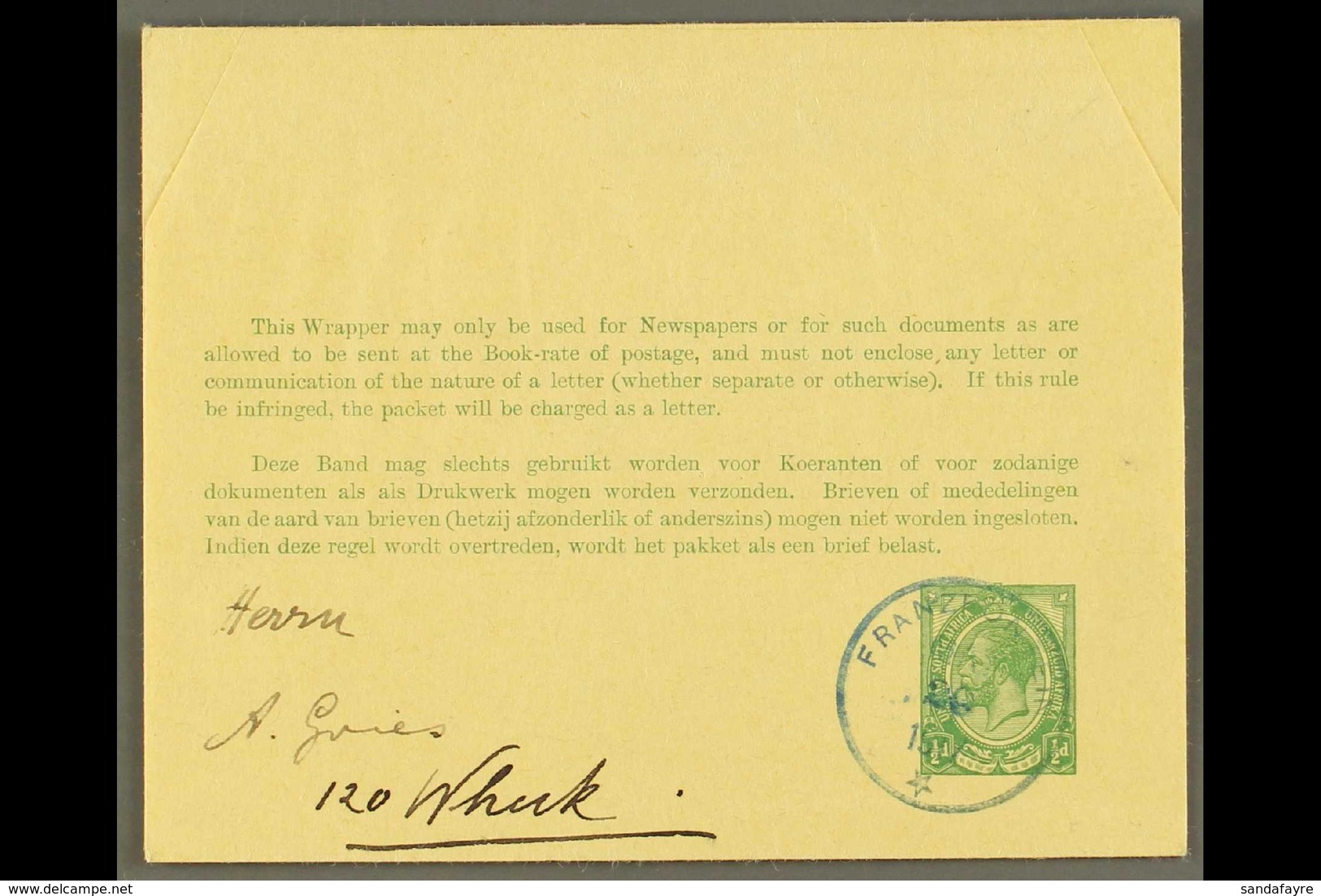 1917 (June) ½d Green On Buff Postal Wrapper To Windhuk Showing A Very Fine "FRANZFONTEIN" Cds Postmark In Blue, Putzel T - South West Africa (1923-1990)