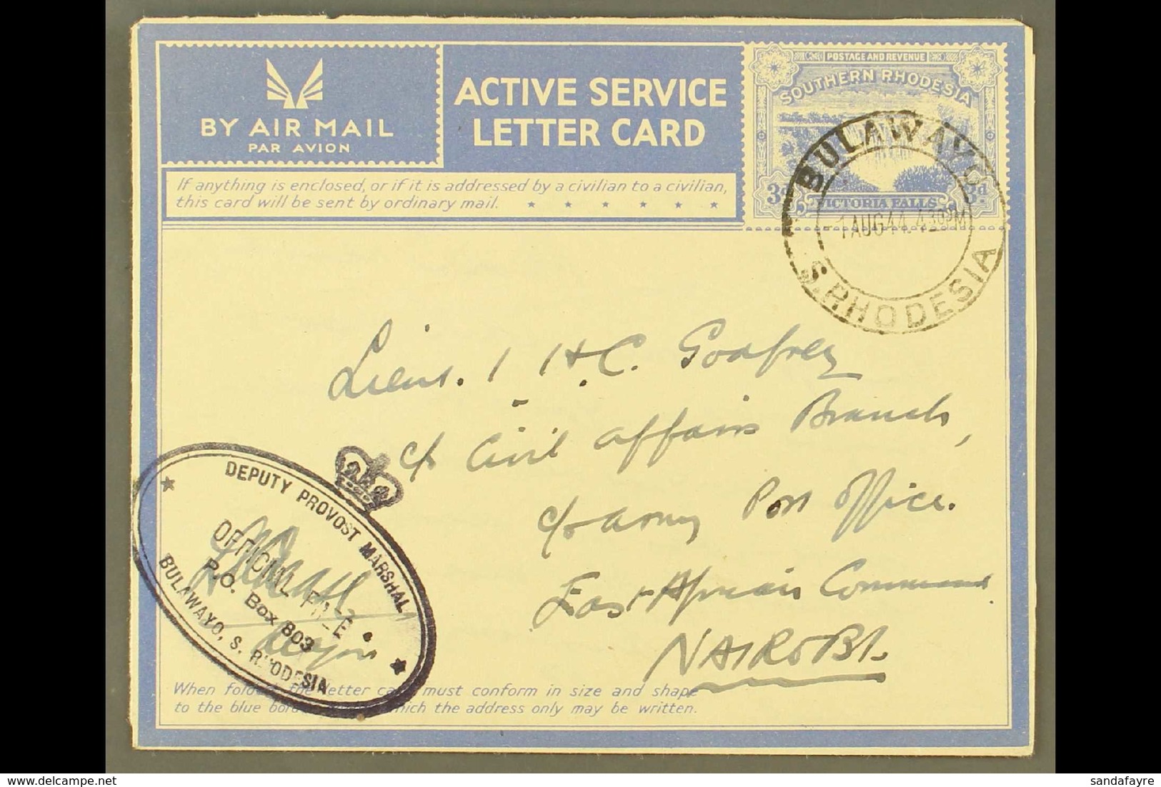 POSTAL STATIONERY - ACTIVE SERVICE LETTER CARD 1944 3d Ultramarine On White Without Overlay, H&G 4, Fine Used With "BULA - Southern Rhodesia (...-1964)