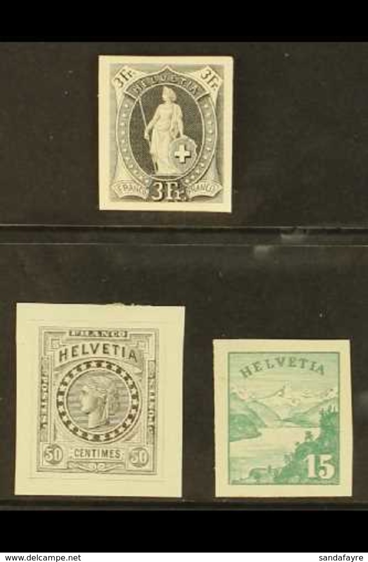 PROOFS A Trio Of Proofs Incl 1882 3fr Standing Helvetia In Black On Card, 1880s 50c Laureated Head Surrounded By A Circl - Other & Unclassified