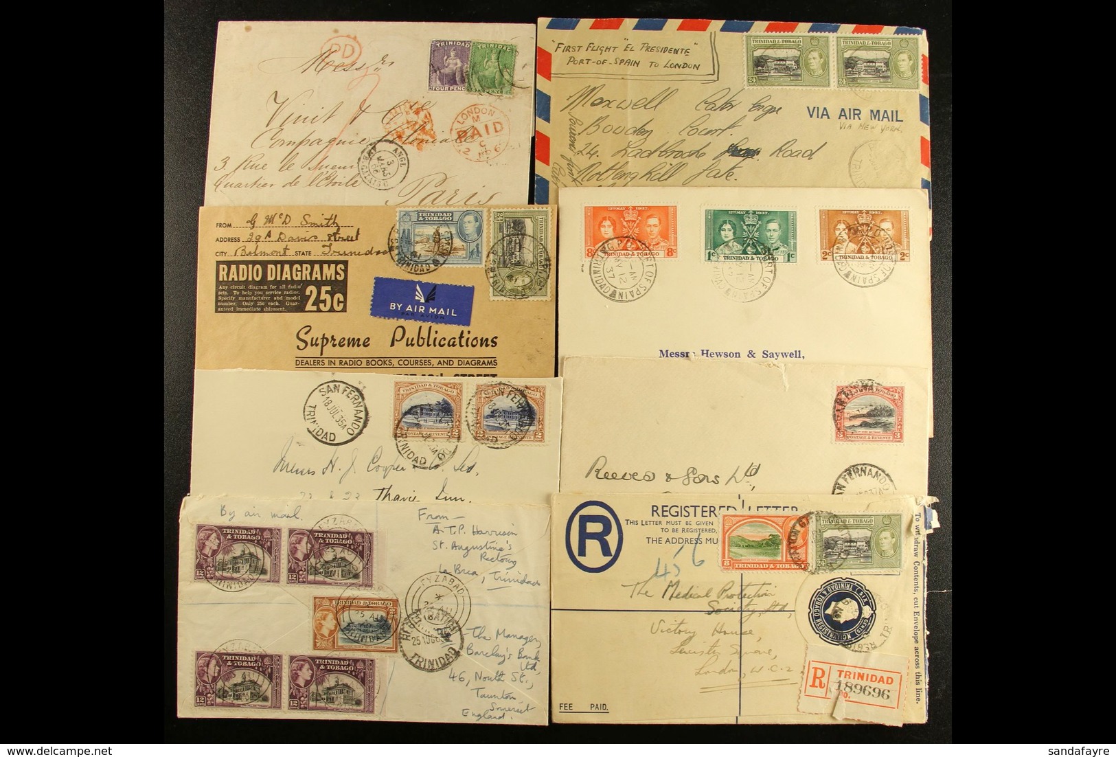 1866-1962 Covers Group, Inc 1866 Entire Letter To France (later Two Stamps Attached), Airmail & Registered Items Inc 6d  - Trinidad & Tobago (...-1961)