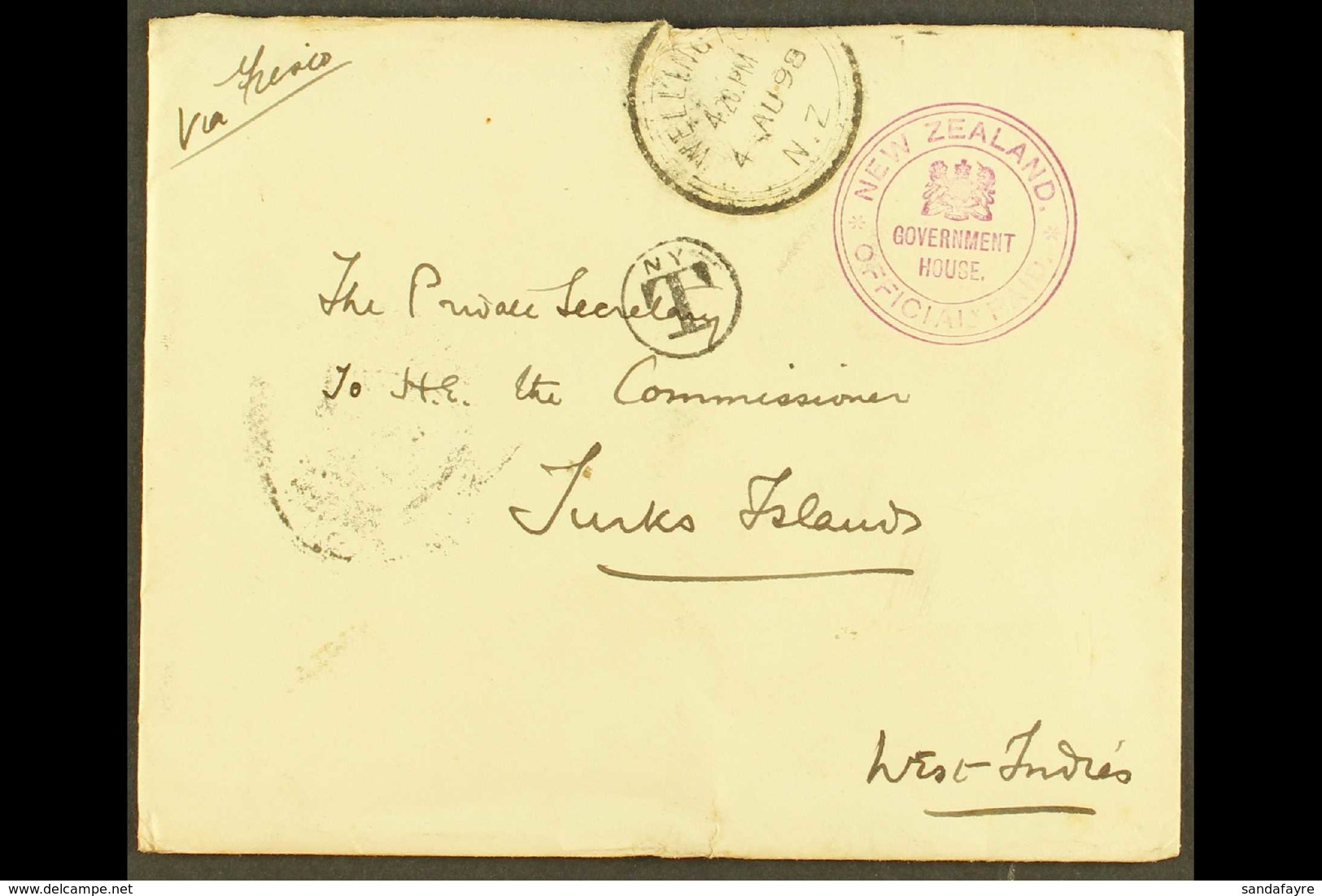 1898 RARE INWARD NEW ZEALAND OFFICIAL MAIL COVER (Aug) Arms Crested Envelope With Fine Purple "NEW ZEALAND/GOVERNMENT HO - Turks E Caicos