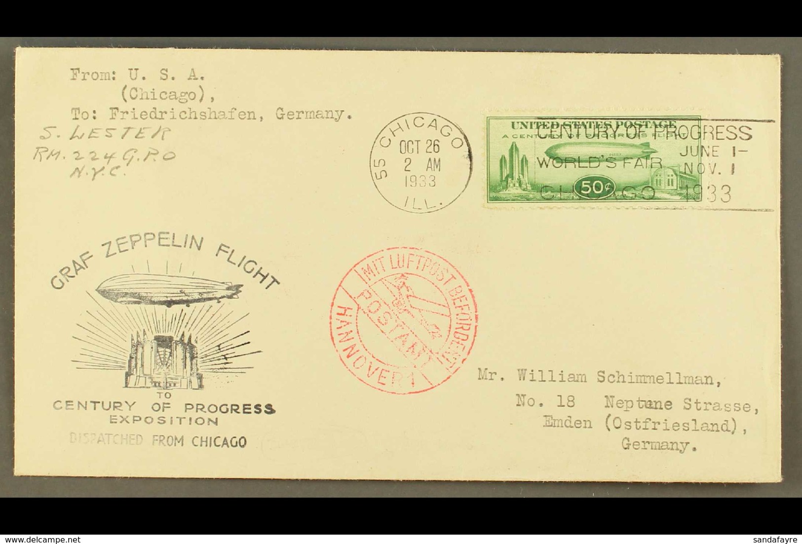 1933 50c Green Century Of Progress Stamp Tied To Century Of Progress Exposition Envelope, Despatched From Chicago To Ger - Other & Unclassified