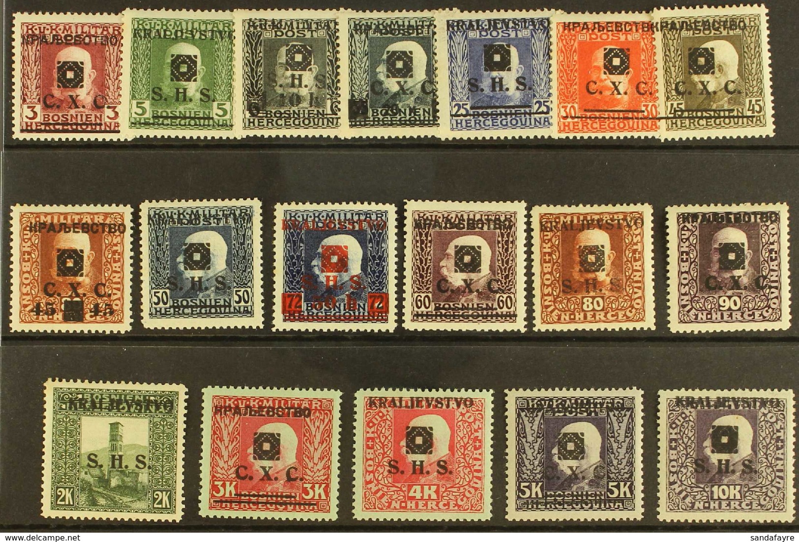 1919 ISSUES FOR BOSNIA 1919 Overprints Complete Set (Michel 33/50, SG 29/46), Very Fine Mint, The Key Value 50h Prussian - Other & Unclassified