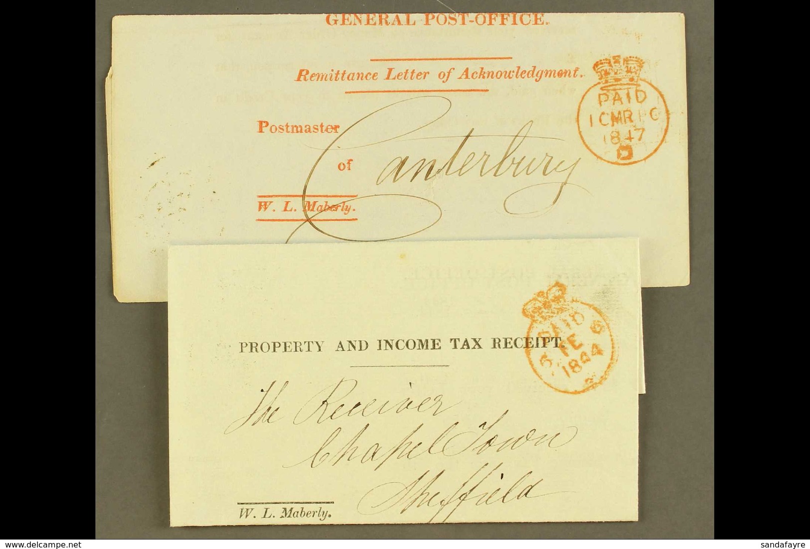 1844-7 PAID MARKS 1844 Property And Income Tax Receipt To Chapeltown Sheffield And 1847 Remittance Letter Of Acknowledge - Altri & Non Classificati