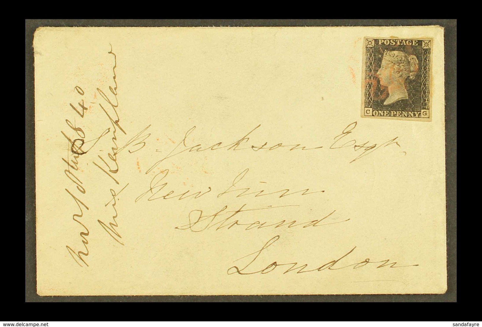 1840 (18 Nov) Env To 1 New Inn, Strand Bearing 1d Black 'CG' Plate 7 With 4 Margins Tied Light Red MC Cancellation. Clea - Unclassified