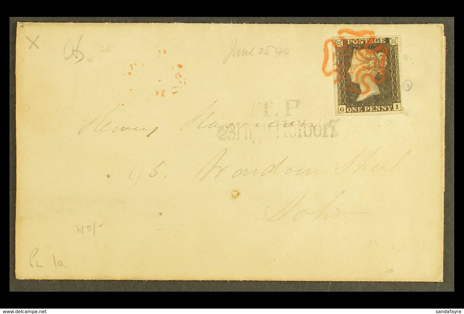 1840 (25 Jun) Pretty Entire Letter Sent Locally To Soho, London Bearing A 1d Black 'G I' Plate 1a With 4 Margins Tied By - Ohne Zuordnung