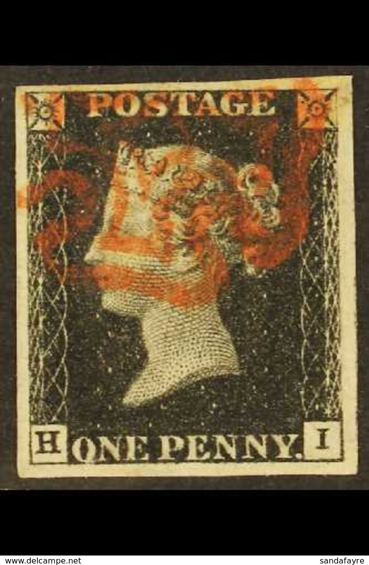 1840 1d Intense Black 'H I' Plate 8, SG 1, Used With 4 Margins & Pretty Red MC Cancellation. A Spectacular Example. For  - Unclassified