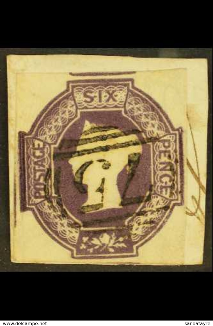 1847-54 6d Purple Embossed, SG 60, Used With 4 Margins (shows Portions Of 3 Adjoining Stamps) On Small Piece Cancelled B - Unclassified