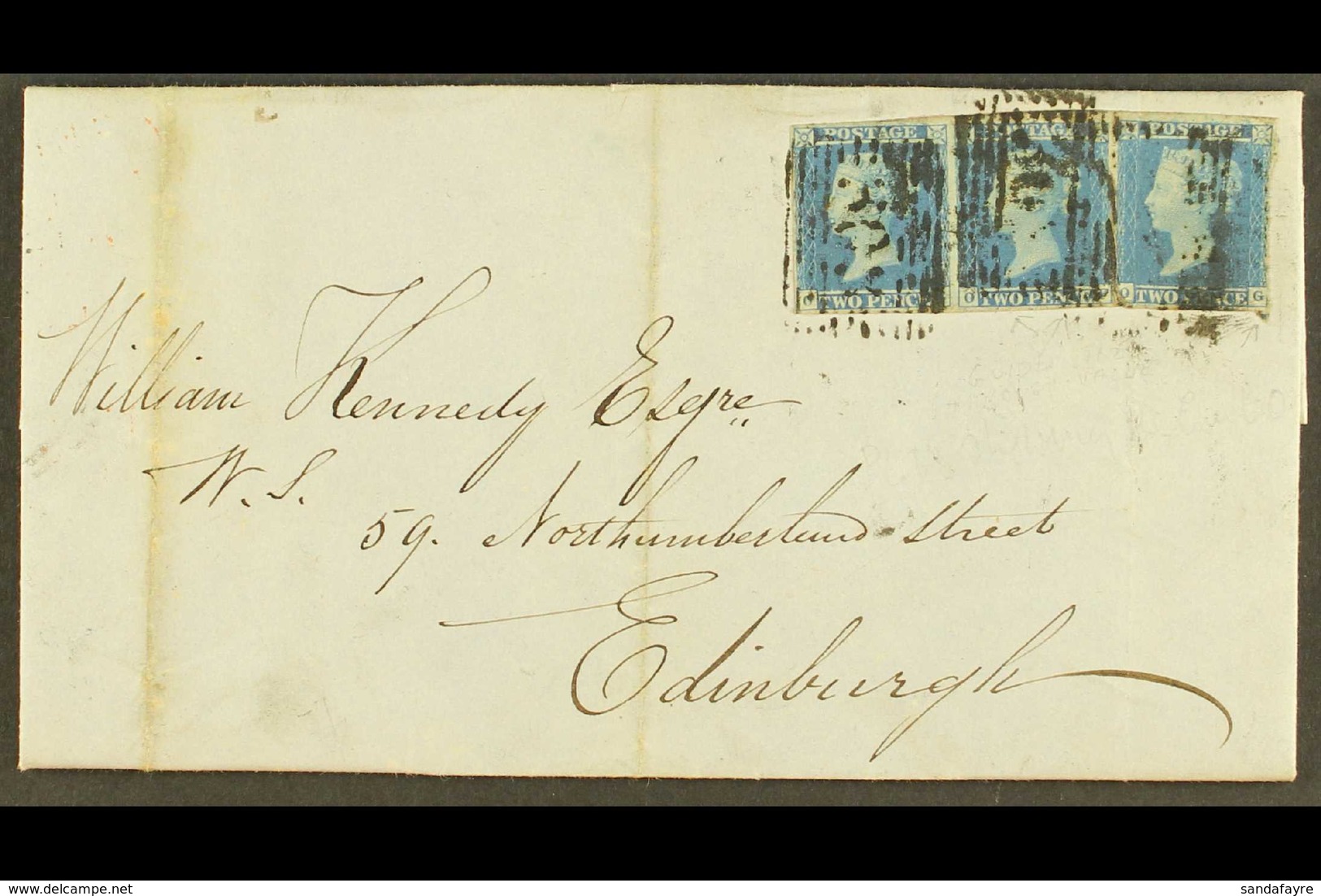 1848 (19 Sept) EL From Sanquhur To Edinburgh Bearing A STRIP OF THREE 1841 2d Blues 'OE-OG' Plate 3, Just Into At Right  - Other & Unclassified