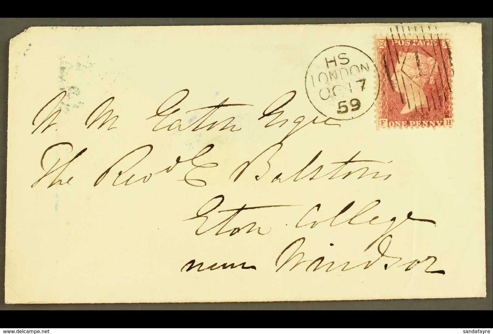 1859 CHARLES RIDEOUT MACHINE CANCEL (17 Oct) Envelope (flap Missing) To Eton College, With 1d Red Tied Code HS Machine 1 - Altri & Non Classificati