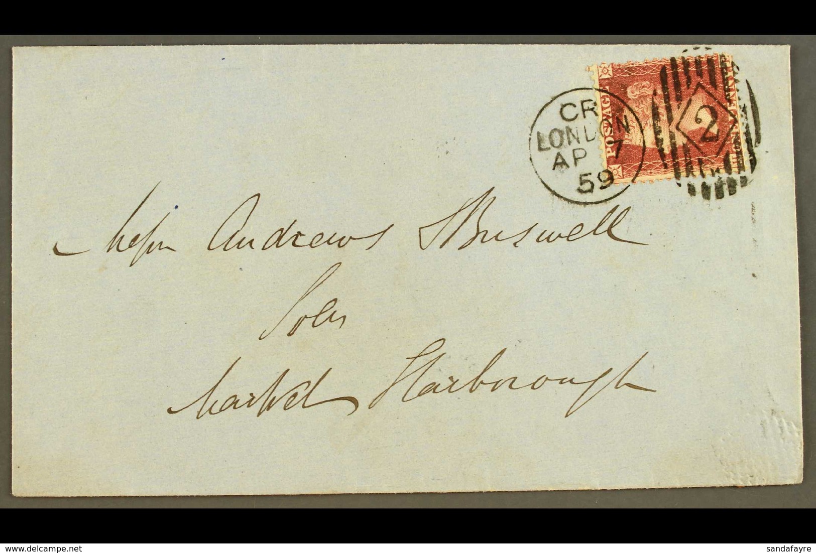 1859 CHARLES RIDEOUT MACHINE CANCEL (7 Apr) Envelope To Market Harborough, With 1d Red Tied Fine Code CR Machine 2 Cance - Other & Unclassified
