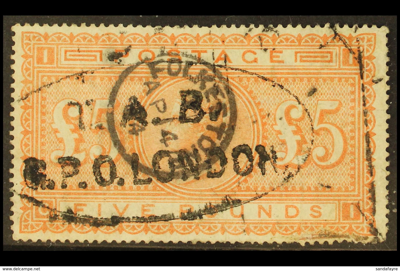 1867-83 £5 Orange On White Paper, SG 137, Used, Skillful Repair & Perforation Faults At Lower Right Edge. Cat £4750 For  - Other & Unclassified