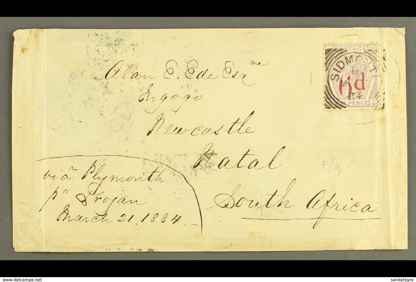 1883 "SLANTING DOTS" ON COVER. 1884 (20 Mar) Env From Sidmouth To Natal, South Africa Bearing The 1883 6d On 6d With "sl - Altri & Non Classificati