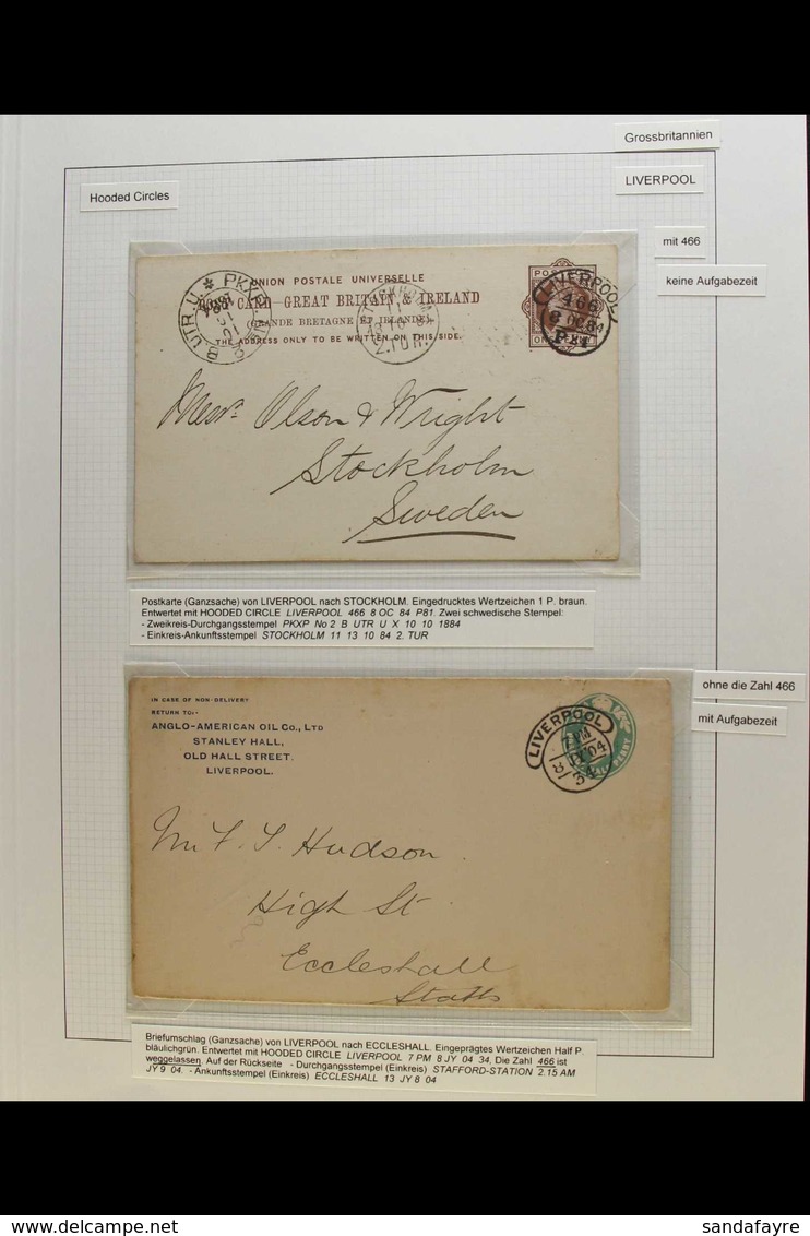 HOODED CIRCLE POSTMARKS  LIVERPOOL - COLLECTION Of Covers & Postal Stationery Items Incl. 1884 1d Postal Card To Sweden, - Other & Unclassified