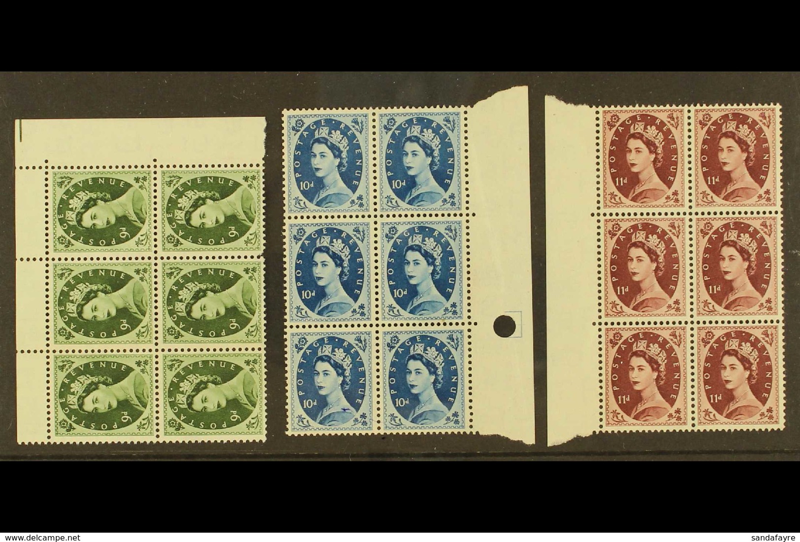 1952-54 Watermark Tudor Crown 9d, 10d, And 11d, SG 526/528, In Superb Never Hinged Mint Marginal BLOCKS OF SIX. (18 Stam - Other & Unclassified