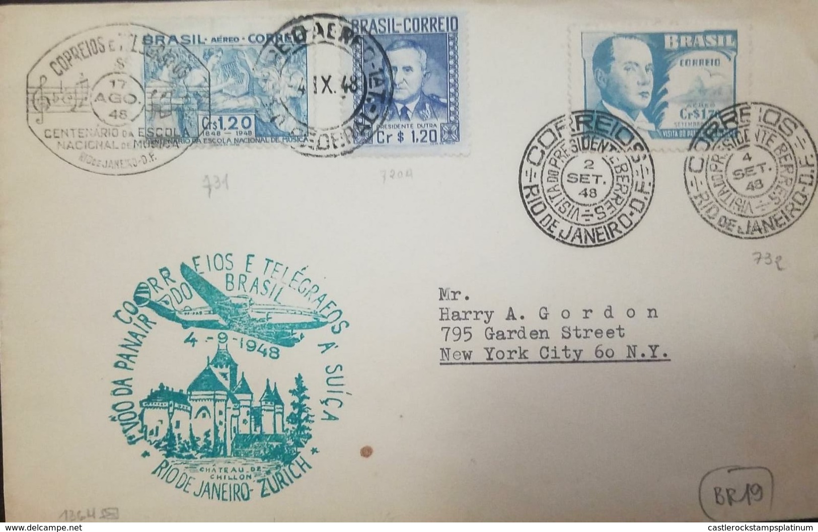 L) 1948 BRAZIL, PANTOGRAPH MUSIC CANCELATION, PRES. EURICO GASPAR DUTRA, SCOTT A245, 1.20CR DEEP BLUE, AIRMAIL, CIRCULAT - Covers & Documents