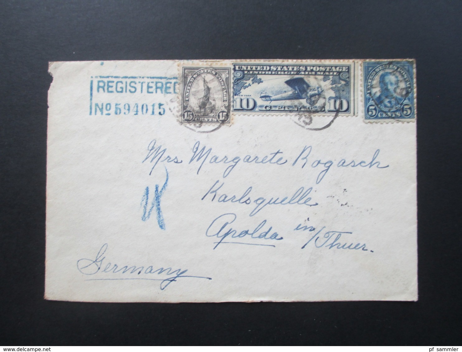 USA 1927 Flugpostmarke Nr. 306 MiF Registered No 594015. 8 Stempel - Lettres & Documents