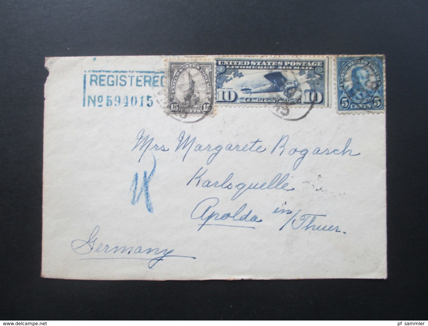 USA 1927 Flugpostmarke Nr. 306 MiF Registered No 594015. 8 Stempel - Cartas & Documentos