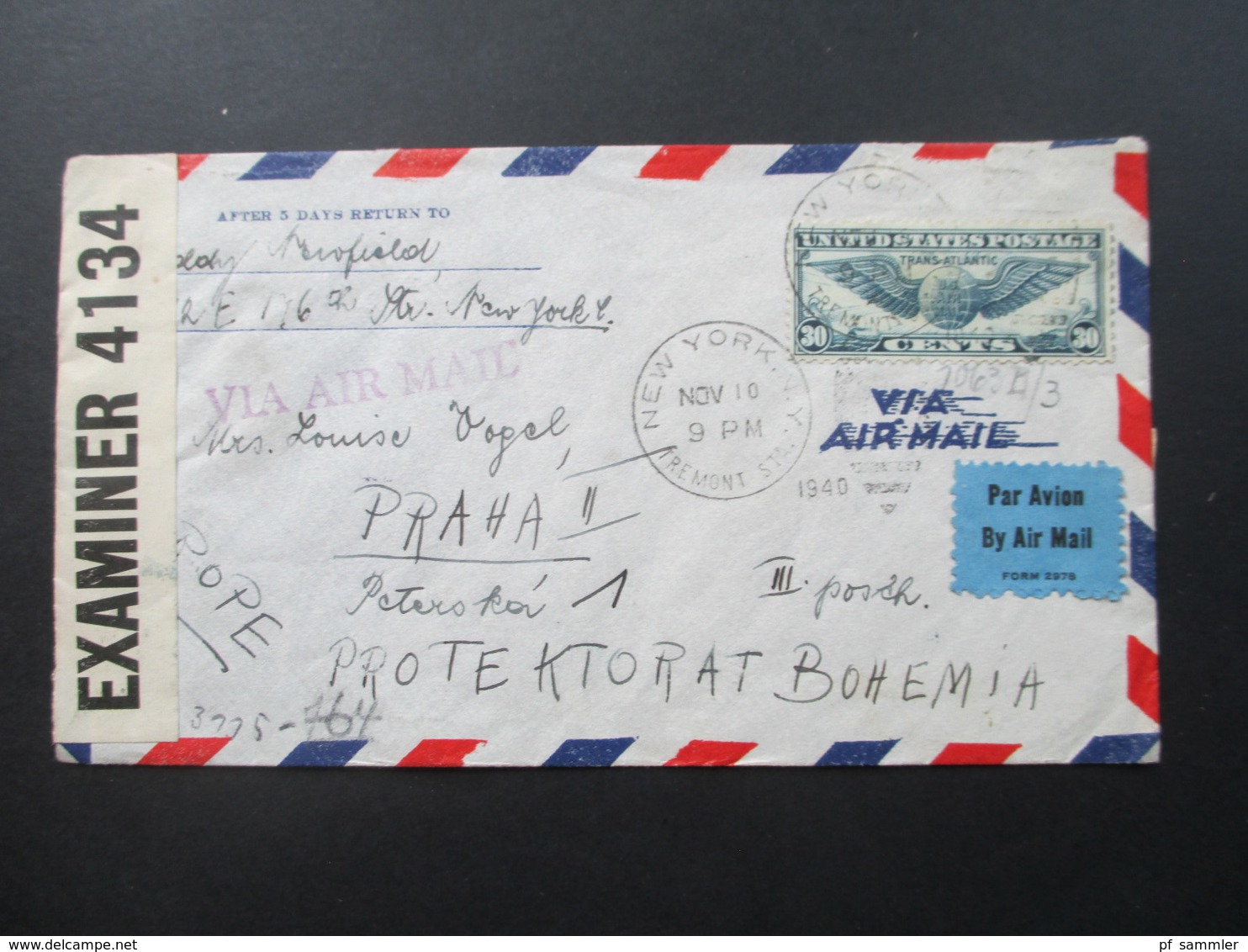 USA 1940 Flugpostmarke Nr. 450 1. Transatlantikflug. Nach Prag Protektorat Böhmen Und Mähren. OKW Zensur - Briefe U. Dokumente