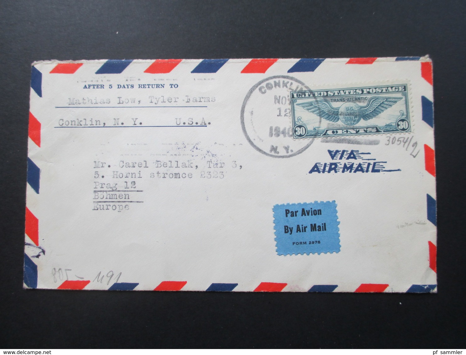 USA 1940 Flugpostmarke Nr. 450 1. Transatlantikflug. Nach Prag Protektorat Böhmen Und Mähren. OKW Zensur - Briefe U. Dokumente