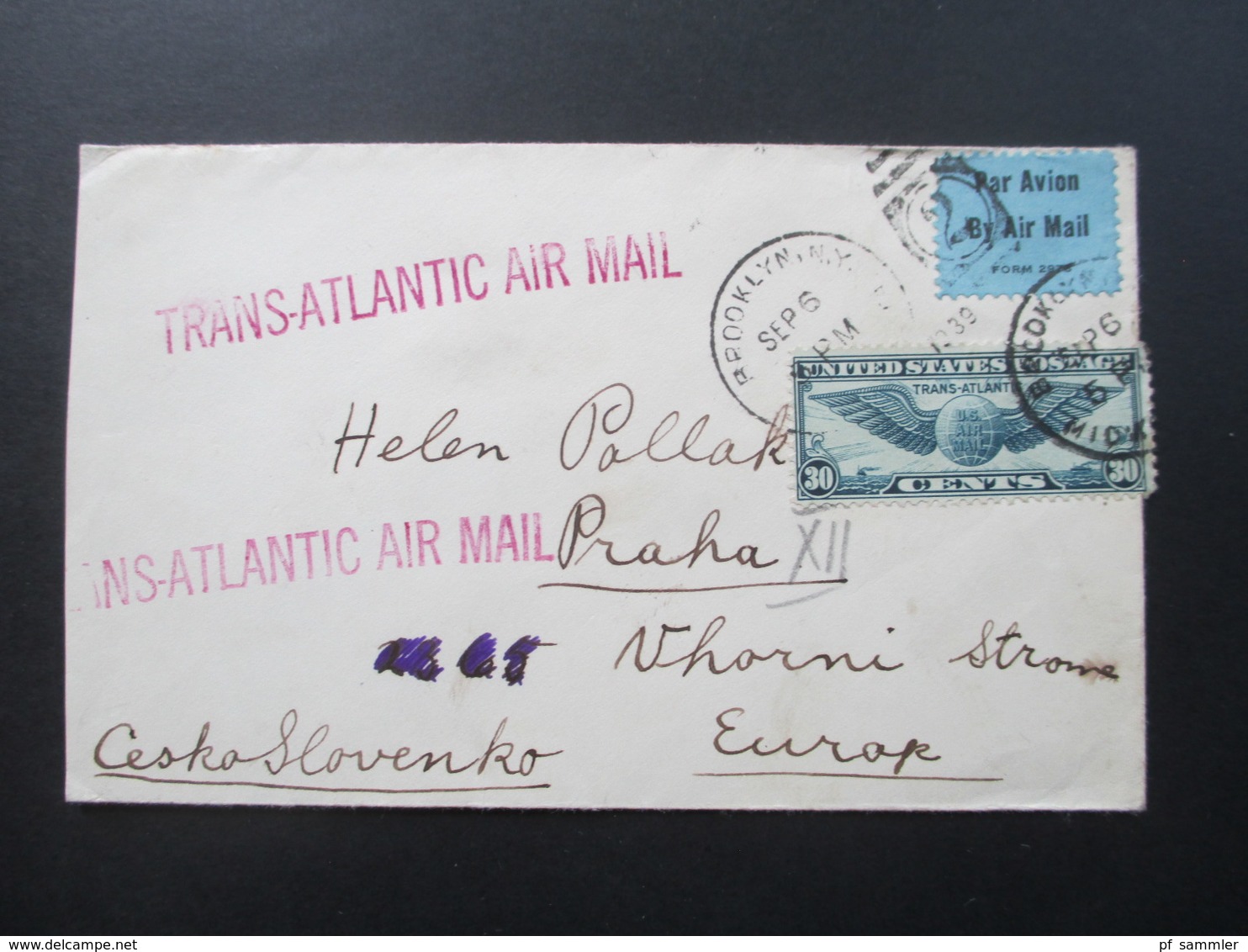 USA 1939 Flugpostmarke Nr. 450 1. Transatlantikflug. Nach Prag Protektorat Böhmen. Lisboa Correio Aereo Portugal - Storia Postale