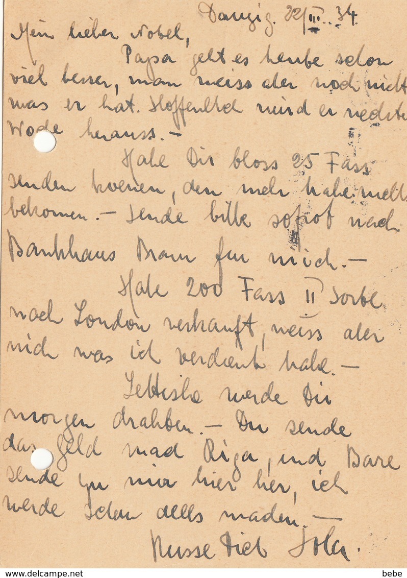 N° 293 DANZIG AFFRANCHISSEMENT COMPLEMENTAIRE SUR ENTIER POSTALE VERS BRUXELLES 22 MARS 1931 (TROUS D'ARCHIVE) - Briefe U. Dokumente