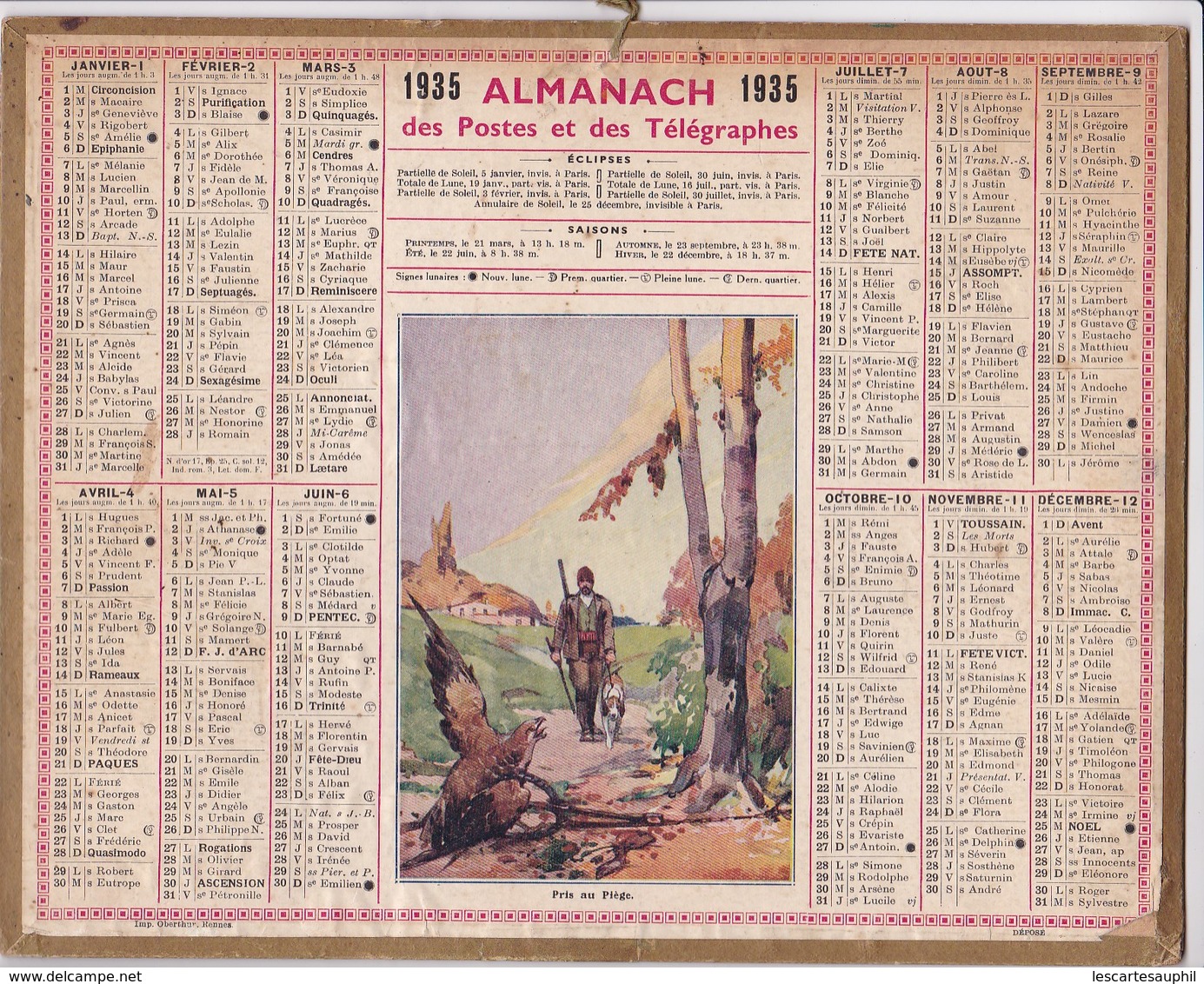 Calendrier 1935  Almanach Des Postes Et Des Télégraphes Illustré Chasseur Et Oiseau Pris Au Piege - Formato Grande : 1921-40