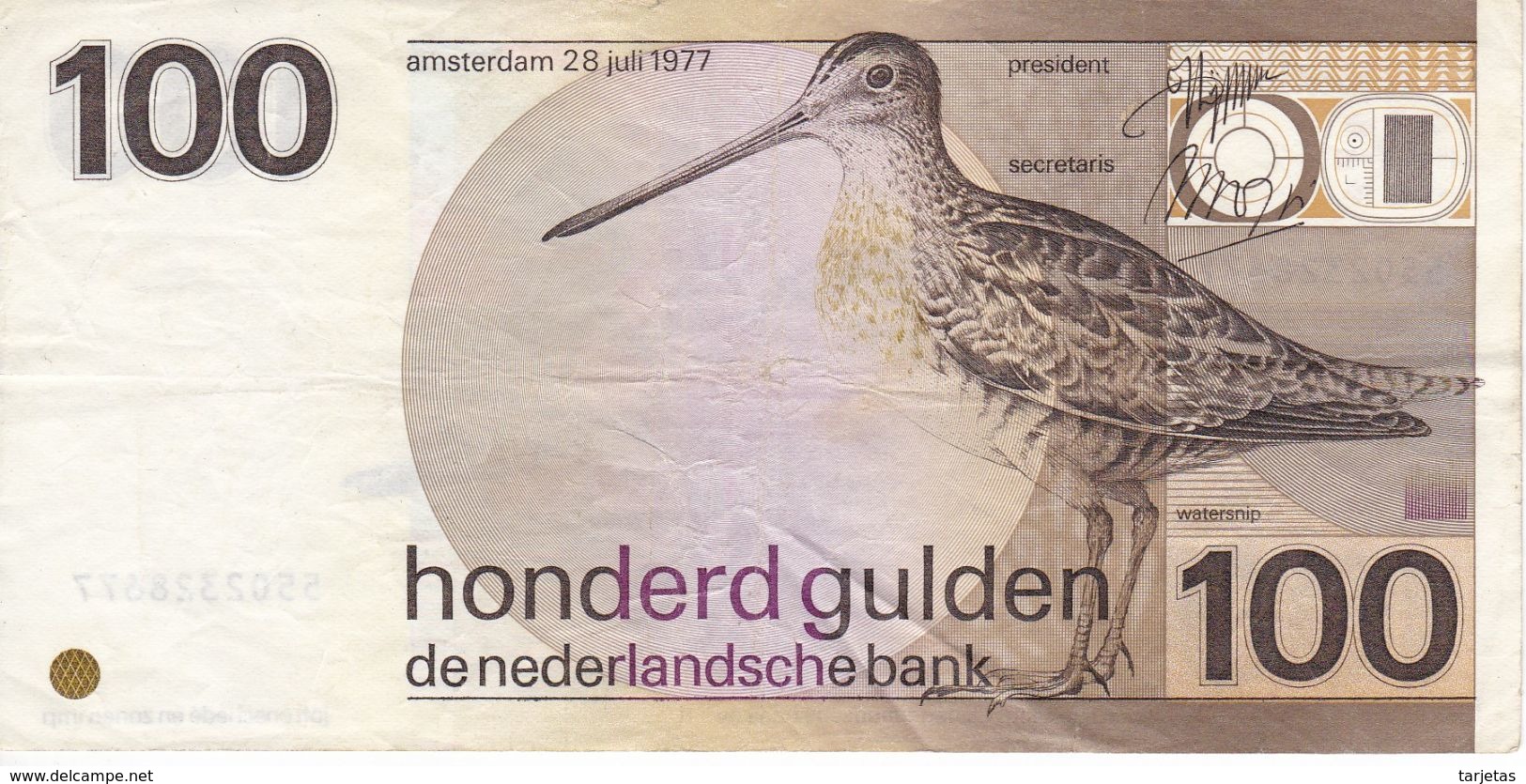 BILLETE DE HOLANDA DE 100 GULDEN DEL AÑO 1977  (BANKNOTE) PAJARO-BIRD - 100 Florín Holandés (gulden)