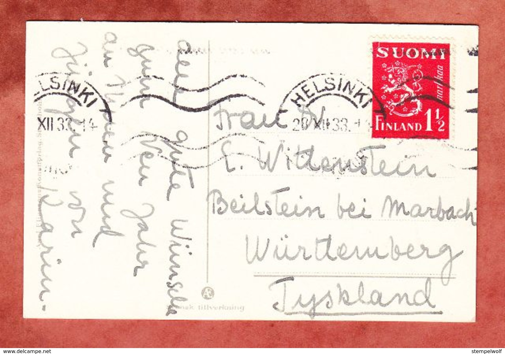 AK Neujahr, EF Wappenloewe, Helsinki Nach Beilstein 1933 (52441) - Lettres & Documents