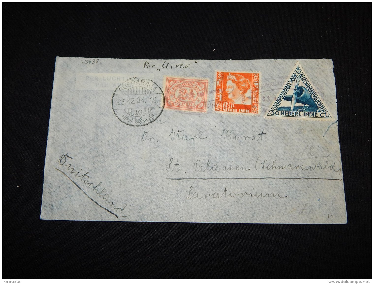 Netherlands Indies 1934 Soerabaja Air Mail Cover To Germany__(L-13838) - India Holandeses