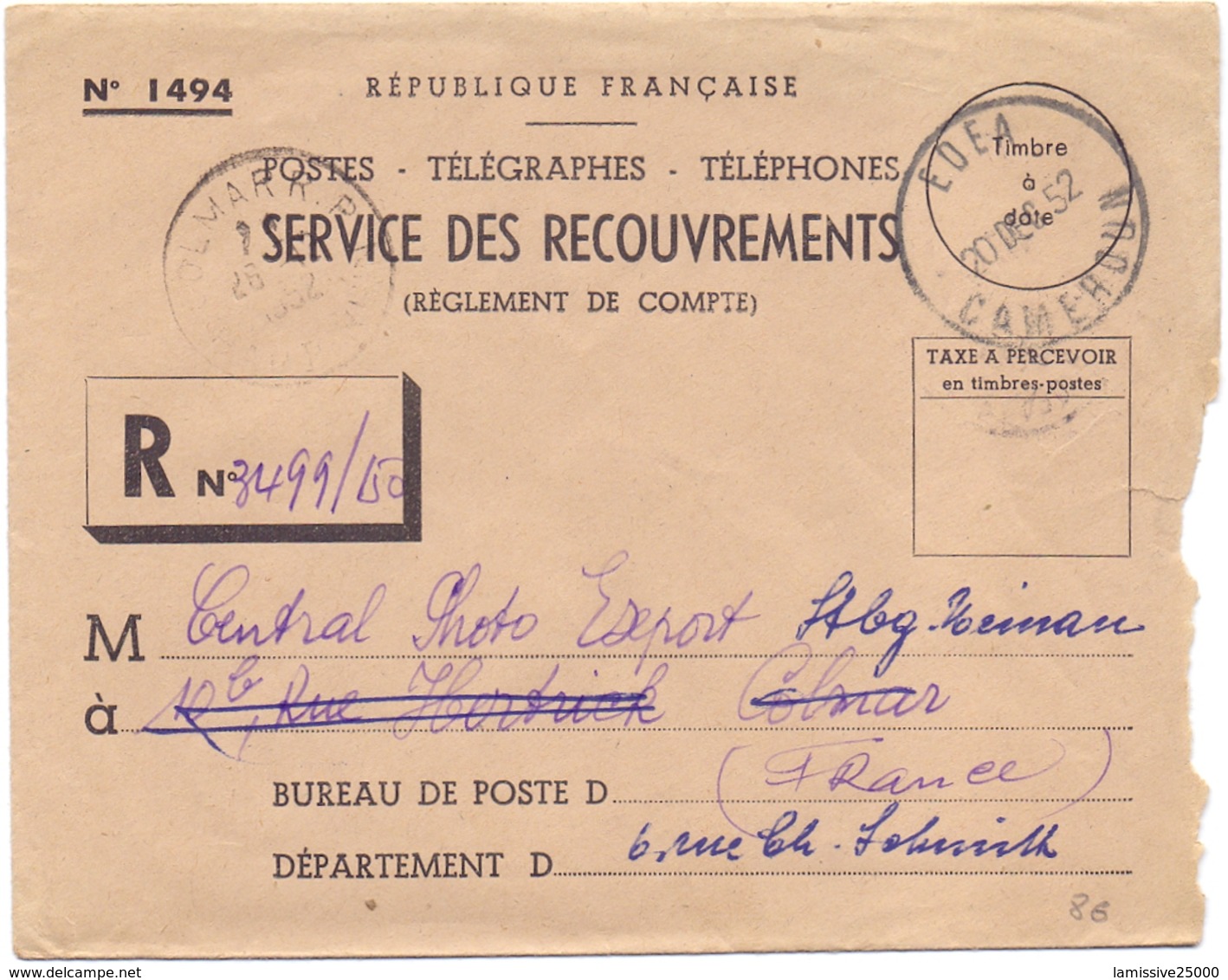 Cameroun Lettre Recommandée En Franchise Service Des Recouvrements Edea - Lettres & Documents