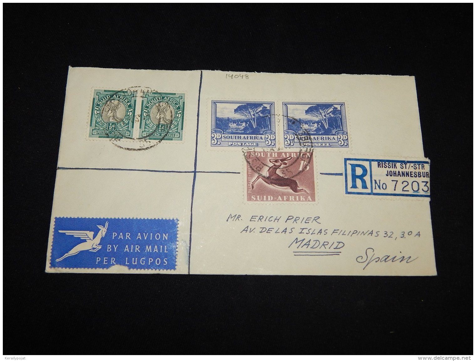 South Africa 1954 Johannesburg Registered Air Mail Cover To Spain__(L-14048) - Airmail