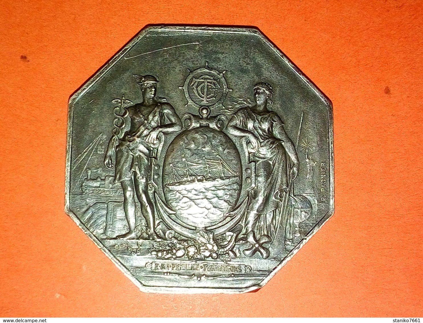 ANCIENNE MÉDAILLE ARGENT 27.78 Gr. COMPAGNIE GÉNÉRAL TRANSATLANTIQUE Graveur P. PAGNIER à Datée Diamètre 42 Mm - Other & Unclassified