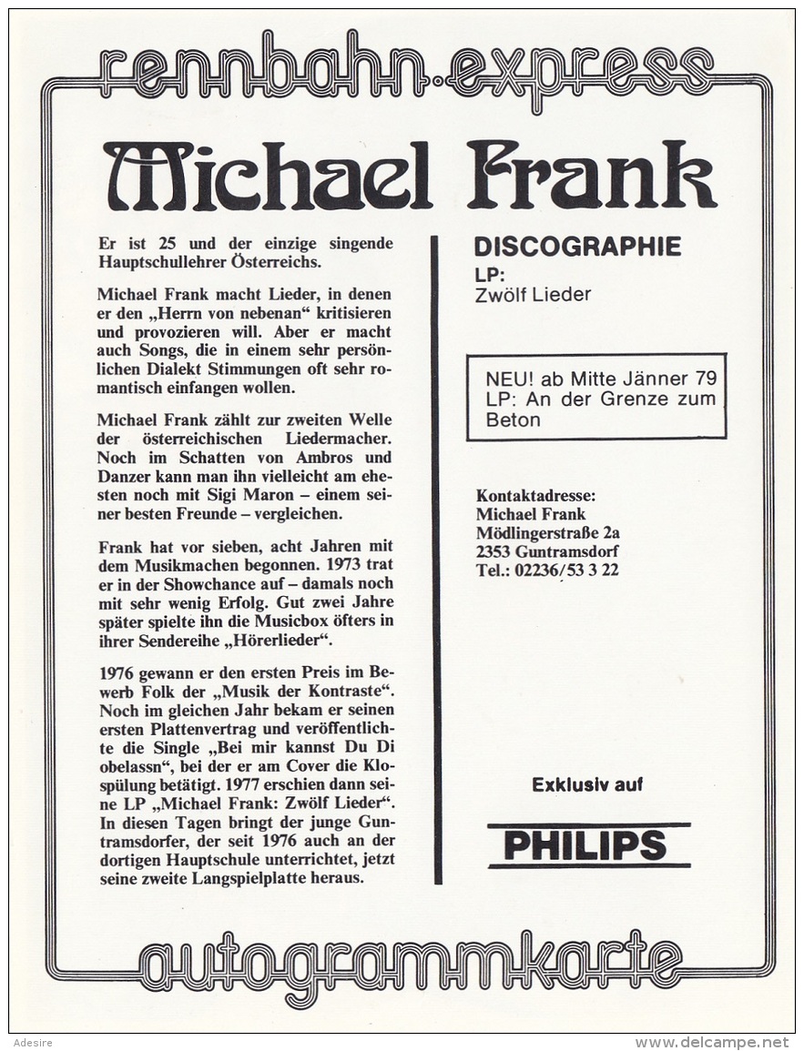 MICHAEL FRANK, Rennbahn-Express-Autogrammkarte Mit Autogramm (gedruckt), Rückseitig Alle Daten Zur Person - Autographes