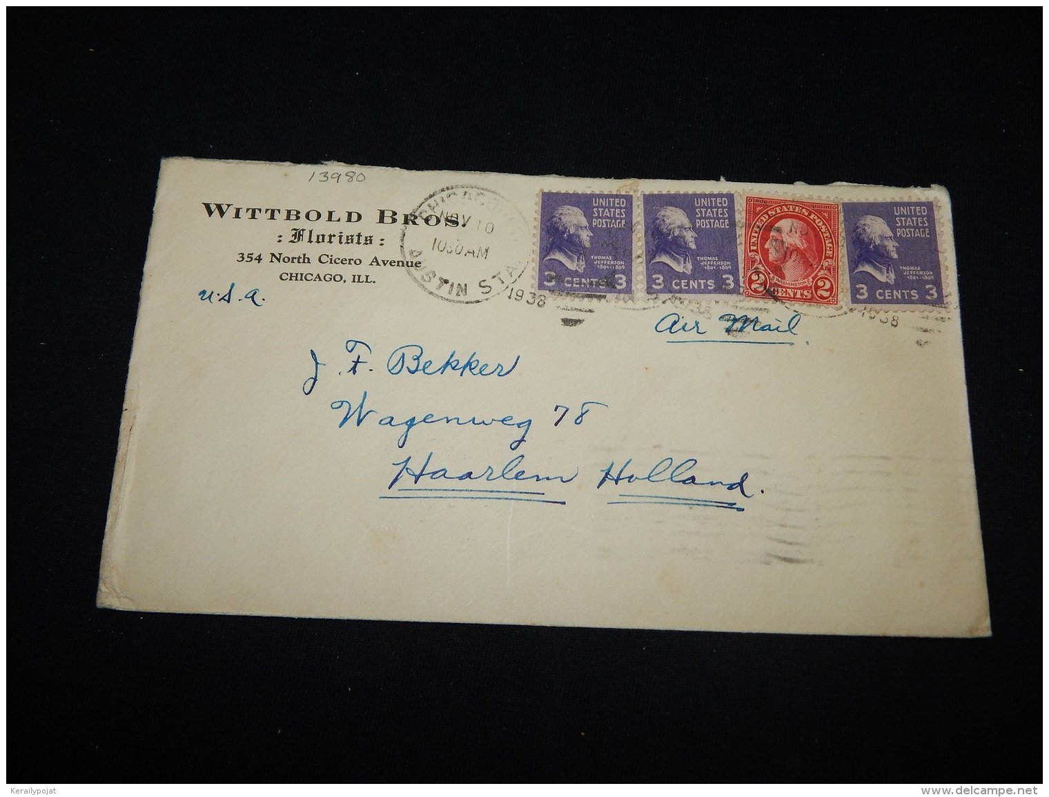 USA 1938 Chicago Air Mail Cover To Netherlands__(L-13980) - 1c. 1918-1940 Briefe U. Dokumente