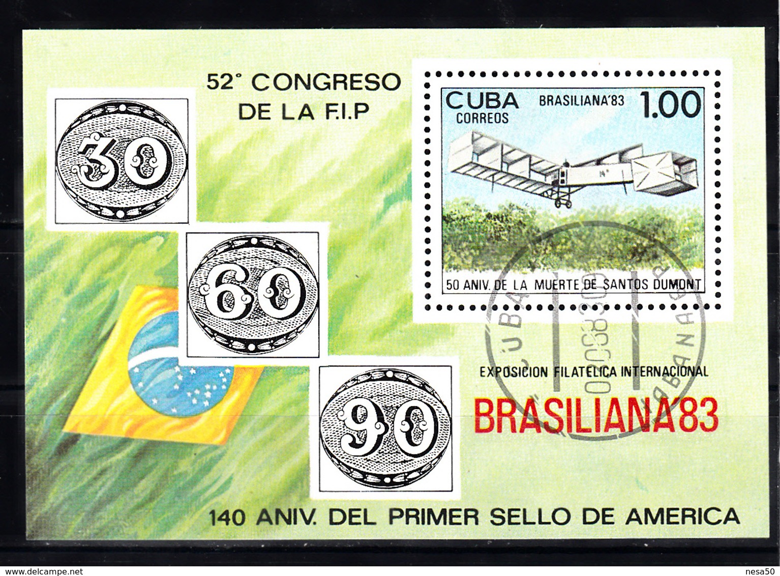 Cuba 1983 Mi Nr Blok 78; BRASILIANA ’83, Rio De Janairo, Airplane From Santos Dumont - Gebruikt