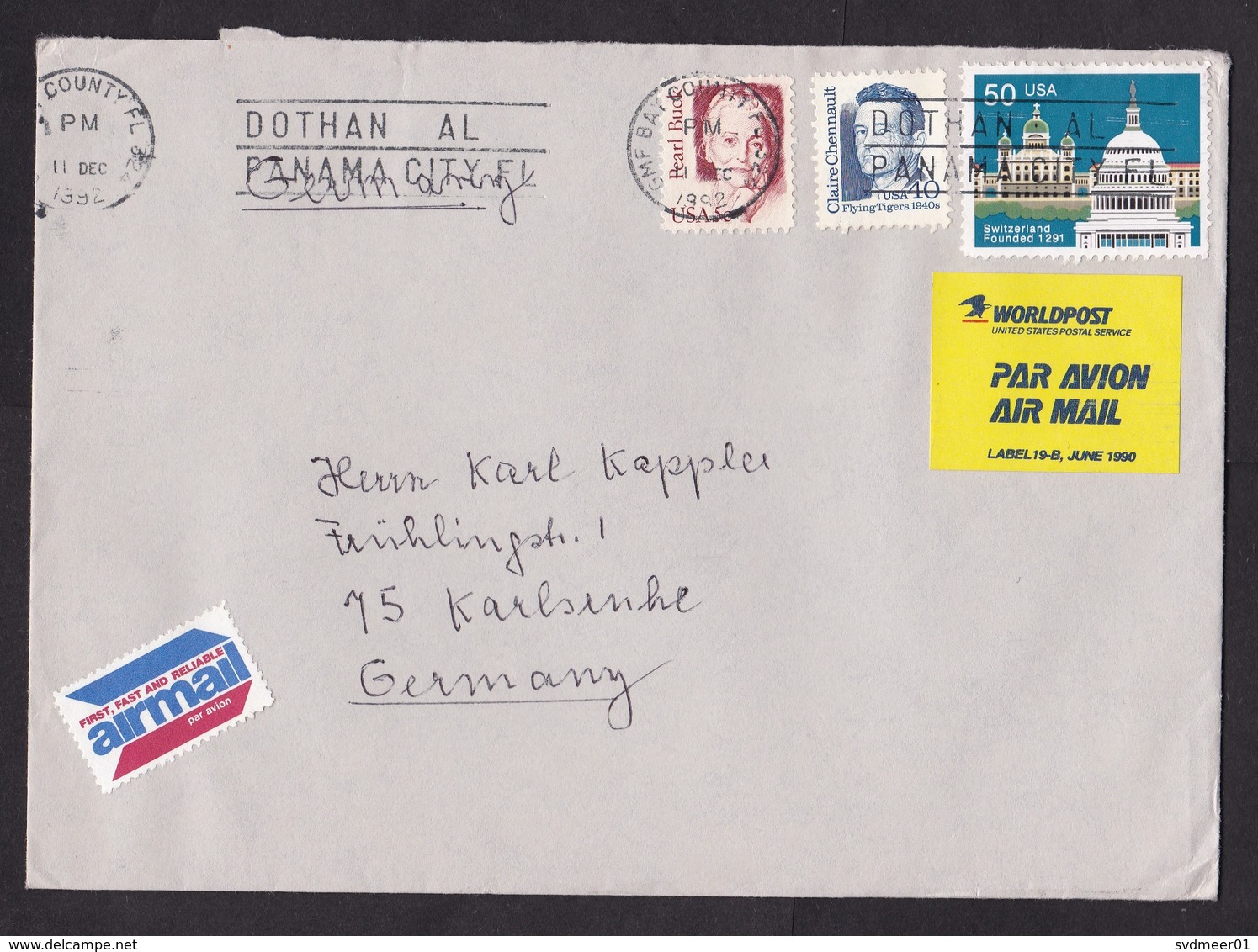 USA: Airmail Cover To Germany, 1992, 3 Stamps, 2 Different Air Labels, Cancel Dothan Al Panama City FL (minor Damage) - Brieven En Documenten