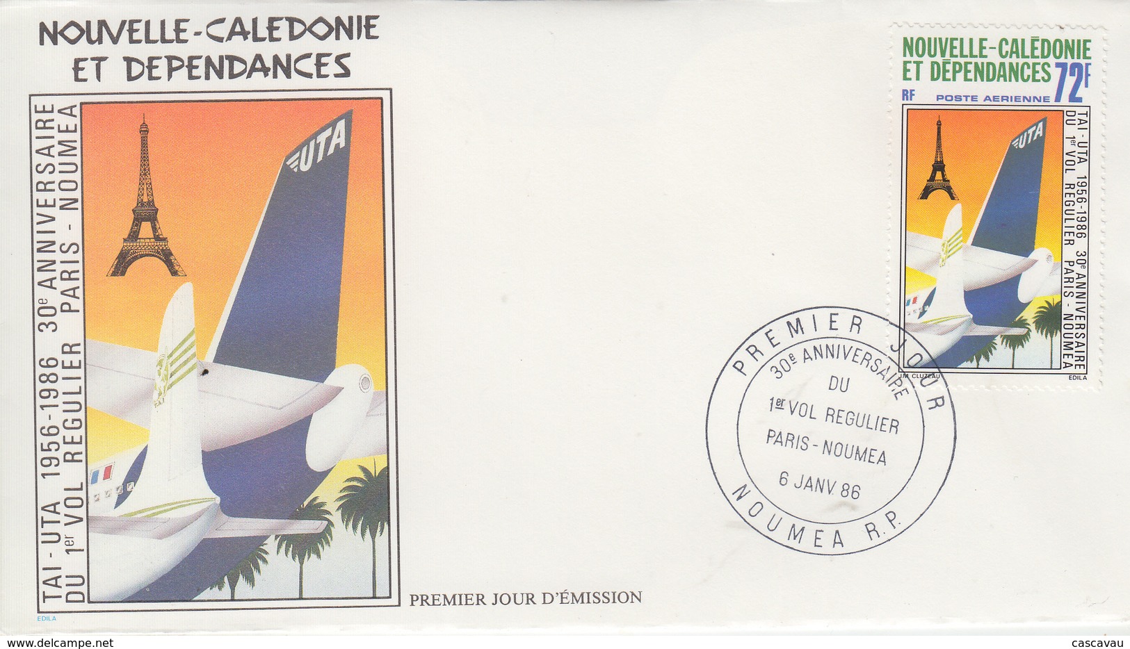 Enveloppe  FDC  1er Jour   NOUVELLE CALEDONIE    30éme  Anniversaire   1er  Vol  Régulier   PARIS - NOUMEA   1986 - FDC