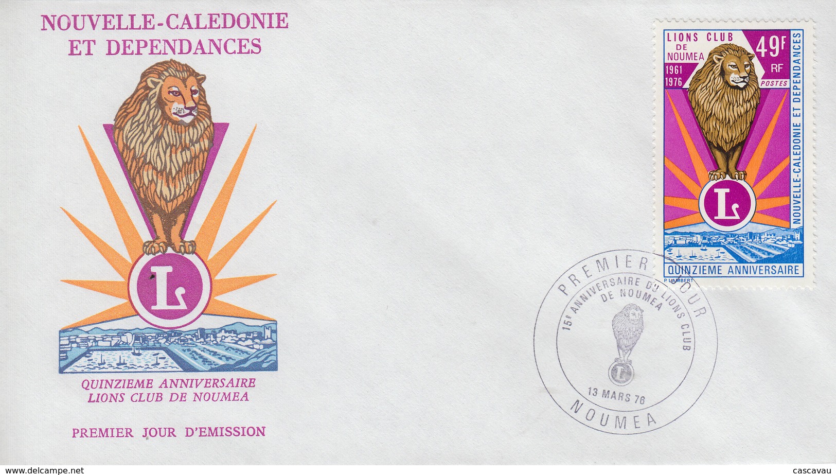 Enveloppe  FDC  1er  Jour   NOUVELLE  CALEDONIE   15éme  Anniversaire  LIONS  CLUB   NOUMEA   1976 - FDC