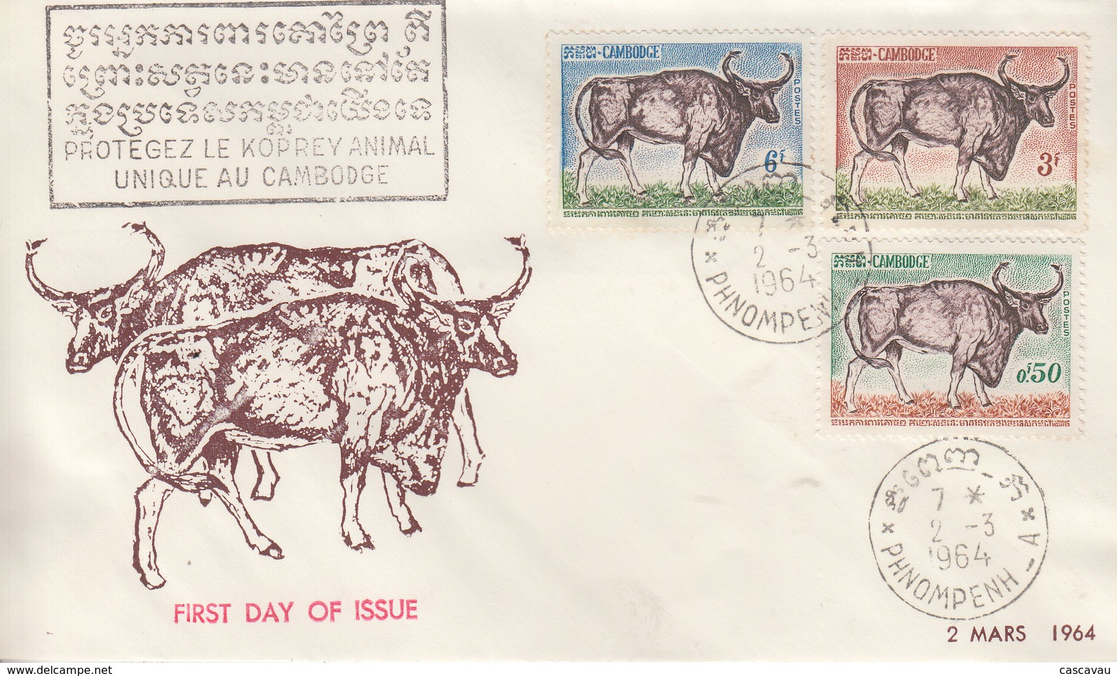 Enveloppe  FDC  1er  Jour  CAMBODGE   Boeuf  Sauvage  :  Le  Koprey  1964 - Cambodge