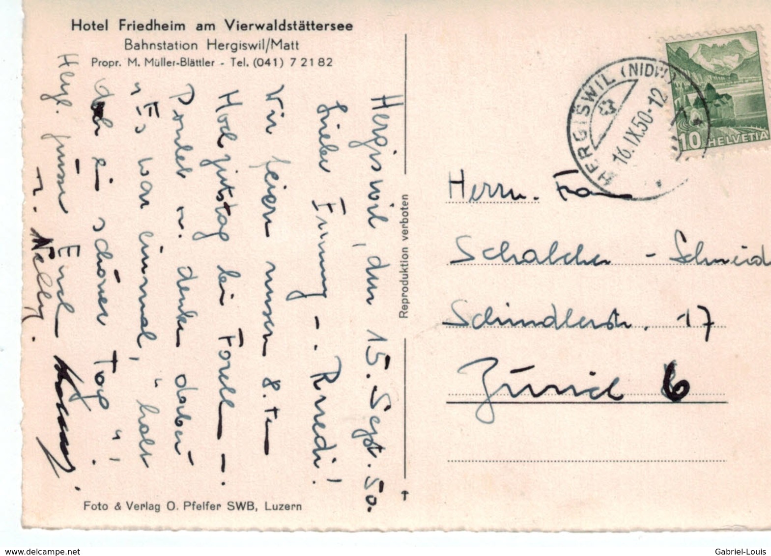 Hotel Friedheim Hergiswil ( Carte 10 X 15 Cm) - Hergiswil