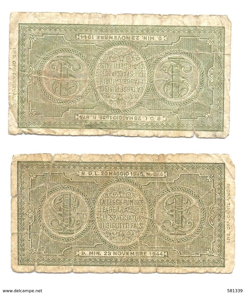 1944 - ITALIA - 2  BIGLIETTI DI STATO Da LIRE 1 LUOGOTENENZA " ITALIA LAUREATA " - Italia – 1 Lira