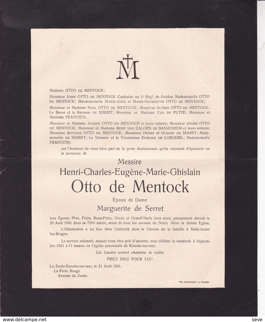 KNOCKE-sur-Mer Henri OTTO De MENTOCK époux De SERRET  72 Ans 1931 Famille FRANTZEN - Décès