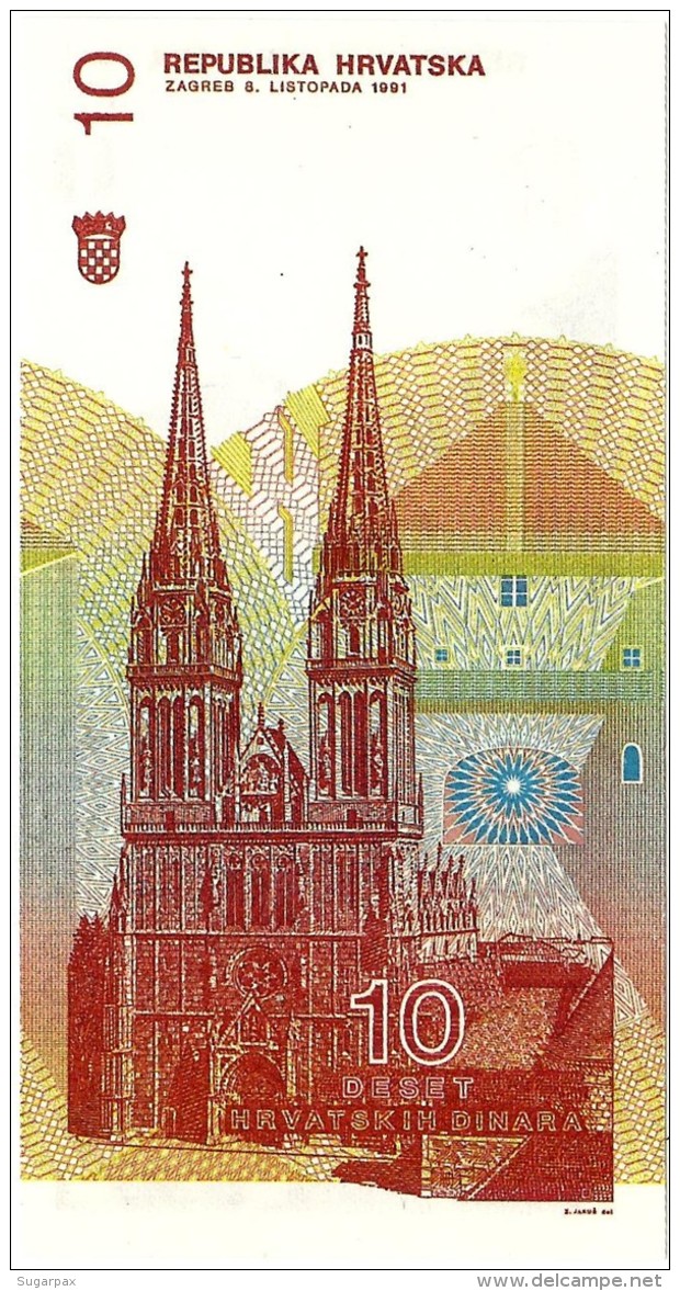 CROATIA - 10 Dinara - 08/10/1991 - P 18 - Unc. - Série B7 - Ruder Boskovic / Zagreb Cathedral - Croácia Croatie Kroatien - Croatia